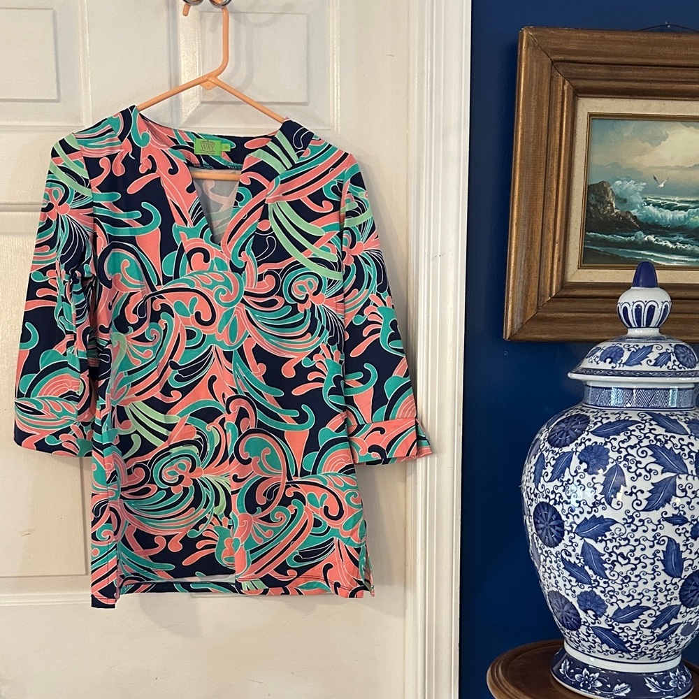 Women’s Katherine Way Pink & Green Geometric Print Performance Tunic Sz Medium